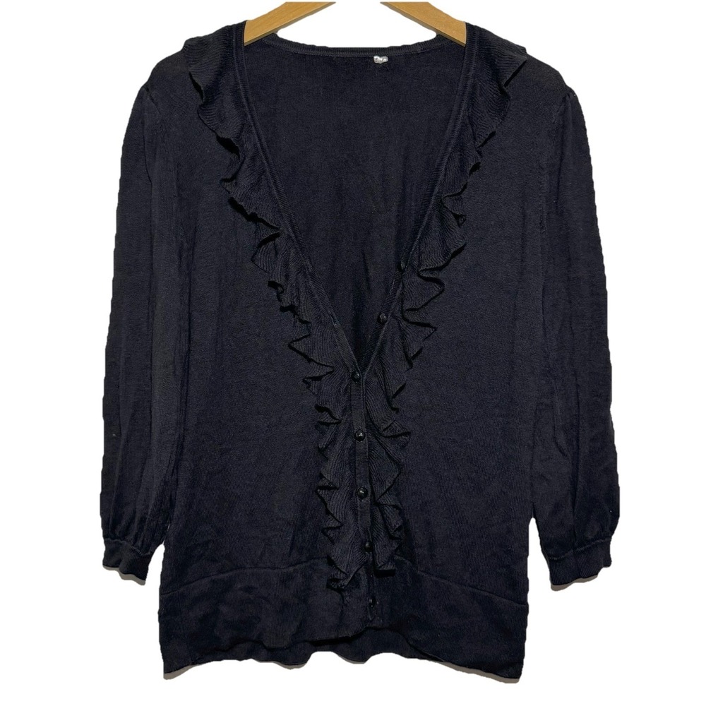 Women's Black Ruffle Knit Cardigan Sweater Button Size Medium Whimsigoth Boho - Picture 2 of 5